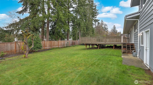 view of yard featuring a deck and a fenced backyard