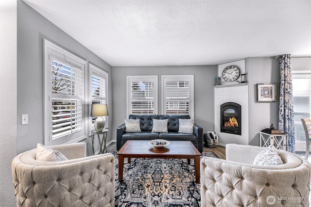 living room featuring baseboards, wood finished floors, a textured wall, a glass covered fireplace, and a textured ceiling