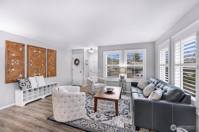 living area featuring baseboards and wood finished floors