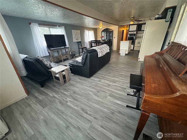 living room with a ceiling fan, wood finished floors, baseboards, and a textured ceiling