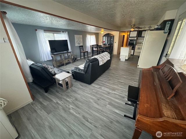 living room featuring a textured ceiling, baseboards, and wood finished floors