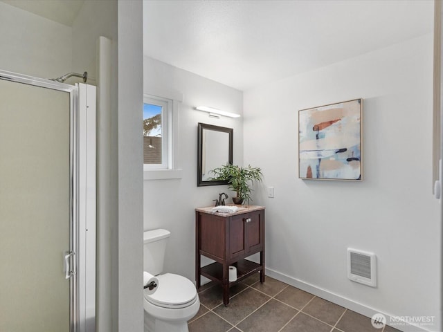 bathroom with tile patterned flooring, visible vents, toilet, a stall shower, and vanity