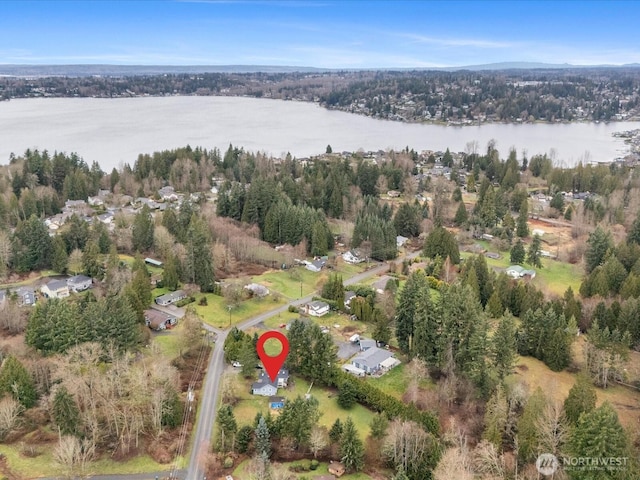 bird's eye view with a view of trees and a water view