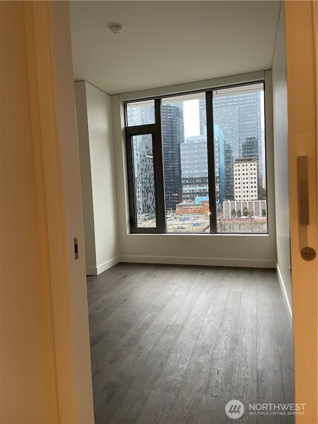 spare room with a city view, wood finished floors, a healthy amount of sunlight, and baseboards