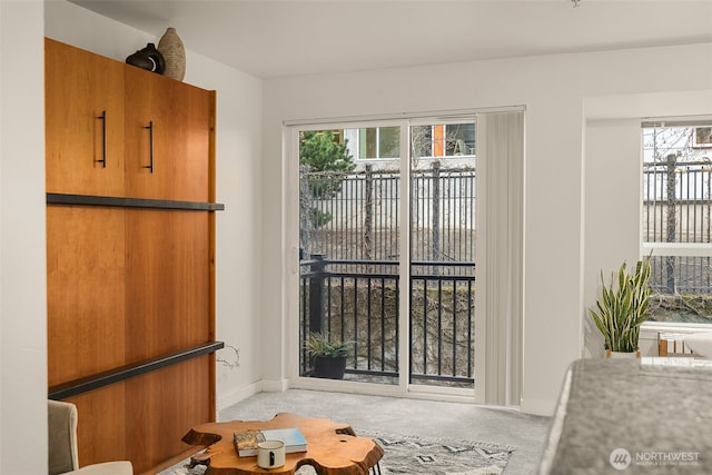 entryway with baseboards, plenty of natural light, and carpet