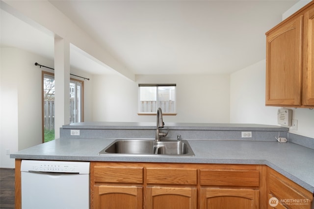 kitchen featuring a peninsula, white dishwasher, a wealth of natural light, and a sink