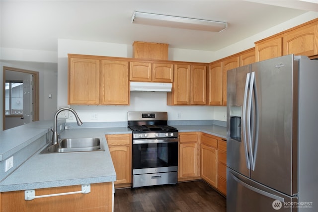 kitchen featuring a peninsula, a sink, stainless steel appliances, light countertops, and under cabinet range hood