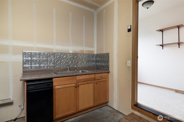 kitchen with dark countertops, backsplash, open shelves, and a sink