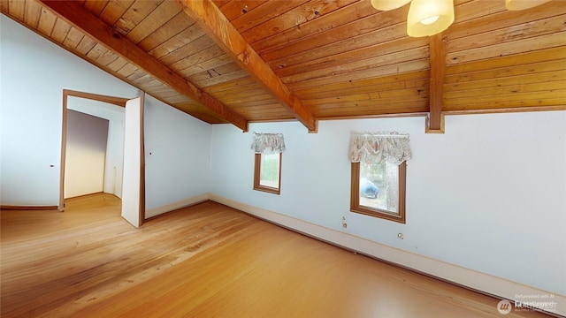 additional living space with light wood finished floors, wooden ceiling, lofted ceiling with beams, and baseboards