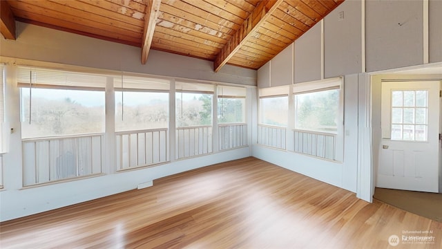 unfurnished sunroom with vaulted ceiling with beams and wood ceiling