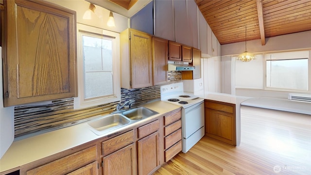 kitchen featuring white electric stove, lofted ceiling with beams, a sink, under cabinet range hood, and tasteful backsplash