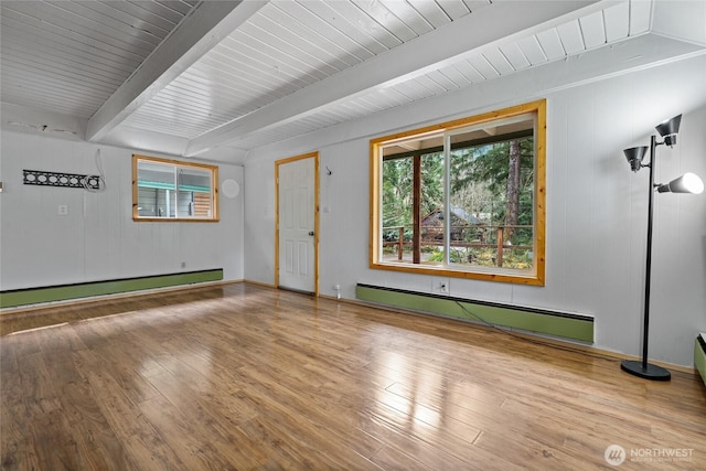 unfurnished living room featuring a baseboard heating unit, beamed ceiling, wood finished floors, and wood ceiling