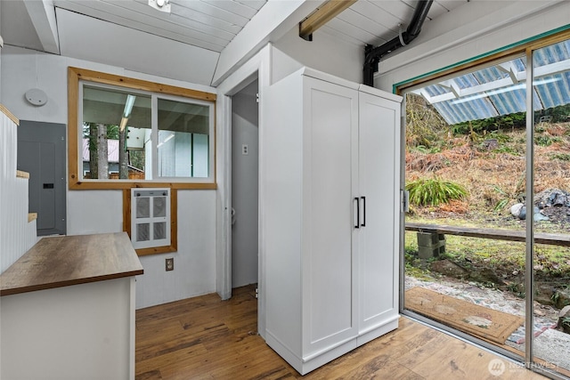 interior space featuring a wealth of natural light, white cabinetry, and wood finished floors