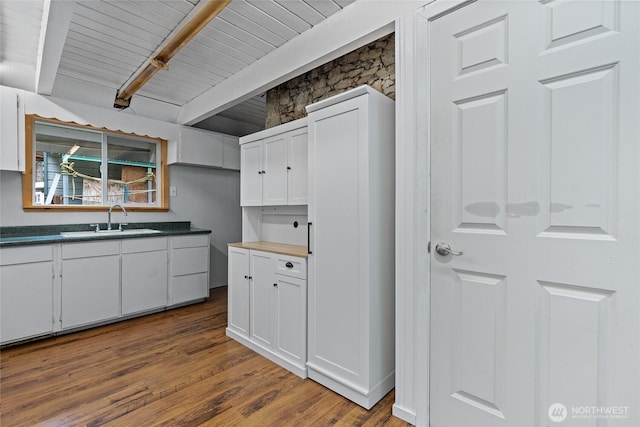 kitchen featuring dark countertops, a sink, beamed ceiling, white cabinets, and dark wood-style flooring