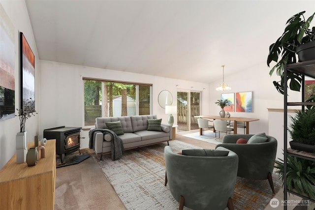 living room with carpet flooring, an inviting chandelier, lofted ceiling, and a wood stove