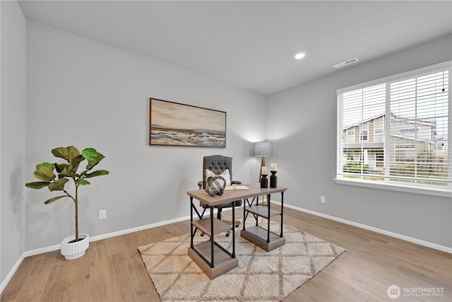 32898 Pine Ave SE, Black Diamond, WA 98010 - home office with visible vents, baseboards, recessed lighting, and wood finished floors