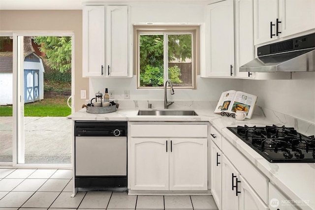 kitchen featuring a sink, white cabinets, under cabinet range hood, dishwasher, and black gas stovetop