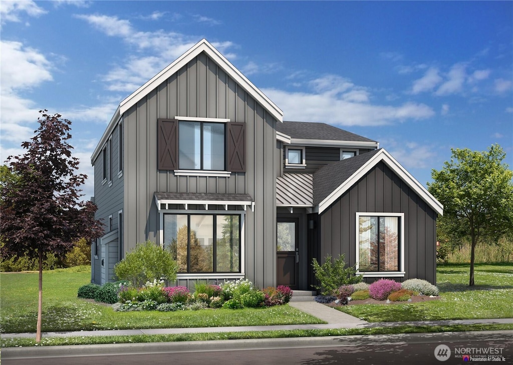 modern farmhouse style home with board and batten siding, a front lawn, and a shingled roof