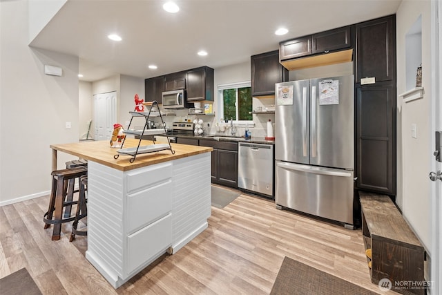 kitchen with light wood finished floors, recessed lighting, appliances with stainless steel finishes, and wooden counters