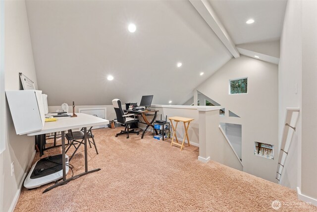 carpeted office with vaulted ceiling with beams, recessed lighting, and baseboards