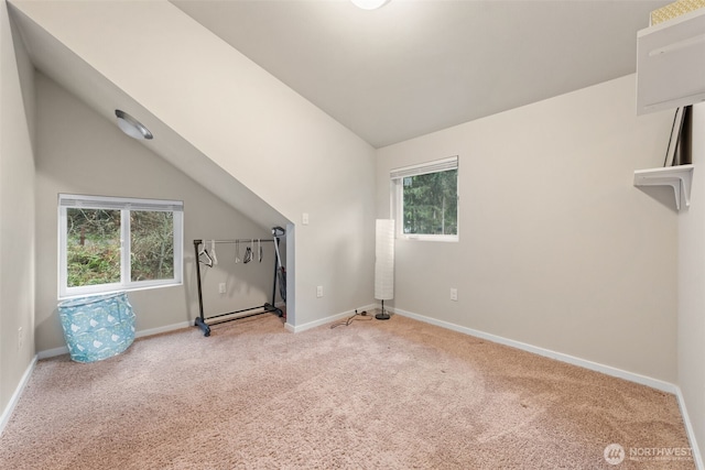 interior space with light colored carpet, baseboards, and lofted ceiling