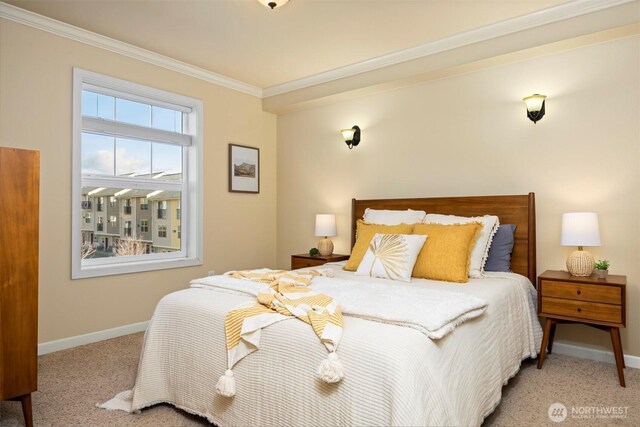 bedroom featuring carpet, baseboards, and ornamental molding