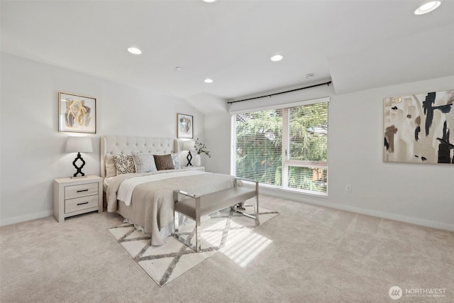 carpeted bedroom with recessed lighting and baseboards