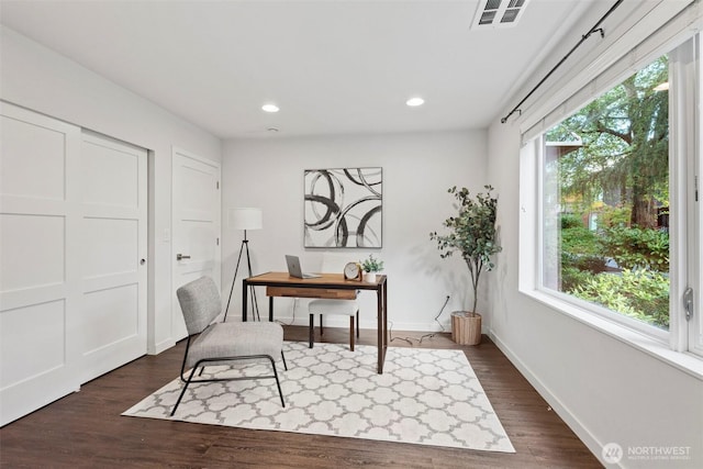 office area with recessed lighting, baseboards, visible vents, and dark wood-style flooring