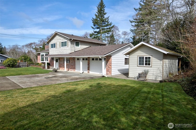 traditional home with brick siding, a garage, a front yard, and driveway