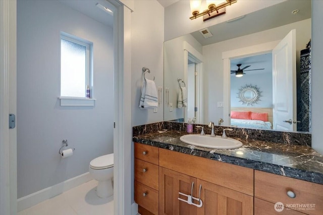 full bath with vanity, visible vents, baseboards, ensuite bath, and toilet