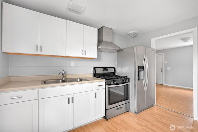 kitchen with visible vents, wall chimney range hood, appliances with stainless steel finishes, white cabinetry, and a sink