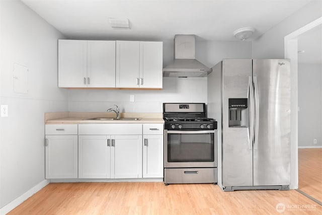 kitchen with light wood finished floors, light countertops, stainless steel appliances, wall chimney exhaust hood, and a sink