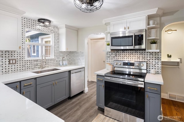 kitchen featuring visible vents, open shelves, a sink, white cabinetry, and appliances with stainless steel finishes