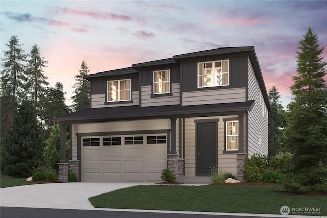 view of front of home featuring board and batten siding, concrete driveway, a lawn, a garage, and stone siding