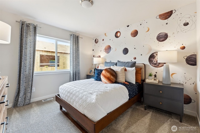 carpeted bedroom with wallpapered walls, baseboards, and visible vents