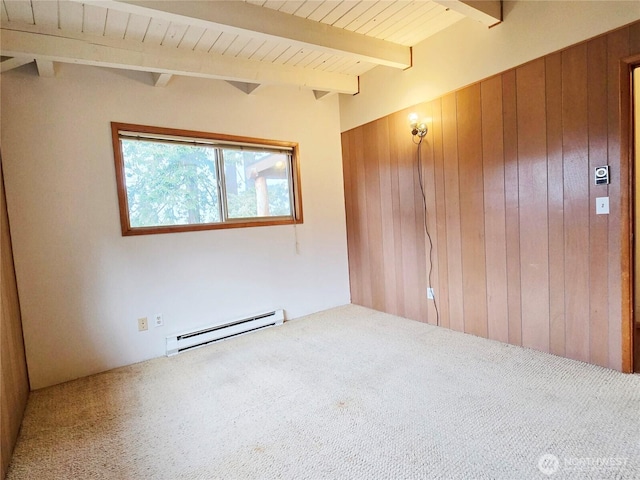 spare room featuring beam ceiling, carpet floors, wooden walls, wooden ceiling, and a baseboard radiator