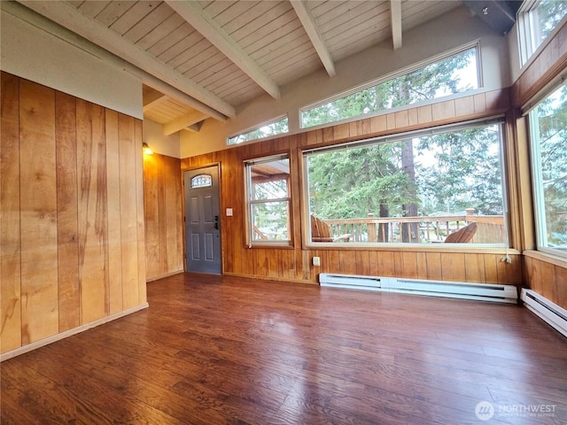 interior space featuring vaulted ceiling with beams, wood ceiling, and a baseboard radiator