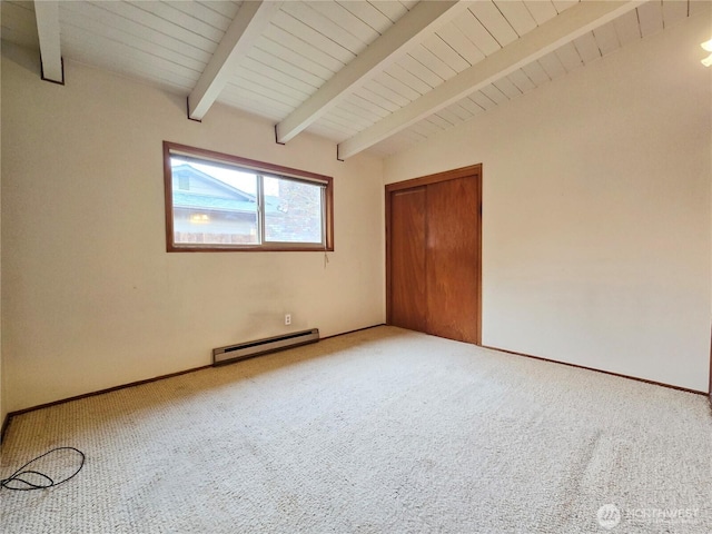 unfurnished room with baseboard heating, carpet flooring, and vaulted ceiling with beams