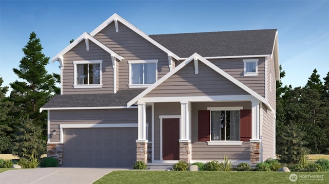 craftsman inspired home with a garage, stone siding, driveway, and a shingled roof