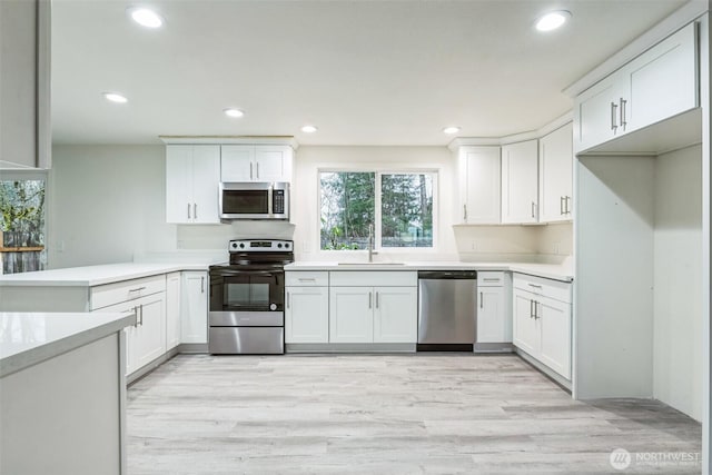 kitchen with light wood-type flooring, stainless steel appliances, light countertops, and a sink