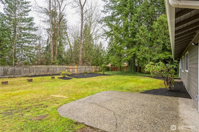 view of yard featuring a patio and a fenced backyard