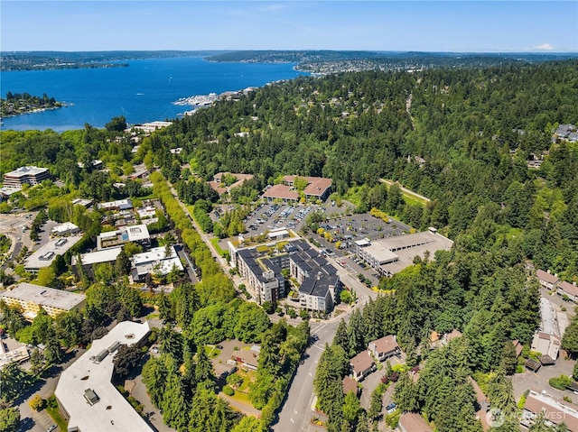 aerial view featuring a view of trees and a water view