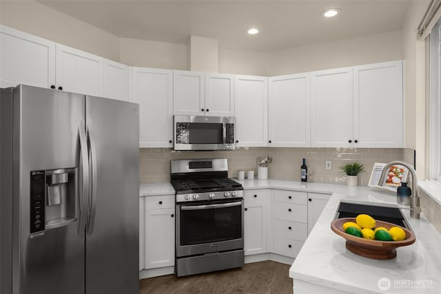 kitchen with tasteful backsplash, a sink, white cabinets, stainless steel appliances, and dark wood-style flooring