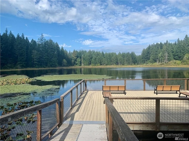 view of dock with a water view and a wooded view