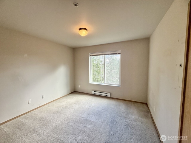 unfurnished room featuring light carpet, baseboards, and a baseboard radiator