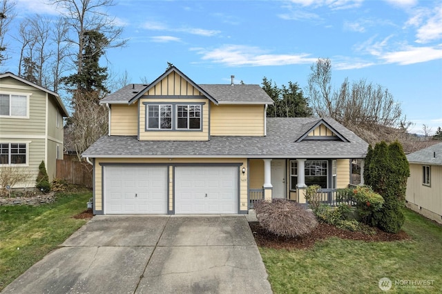 view of front of home featuring a garage, covered porch, concrete driveway, and roof with shingles