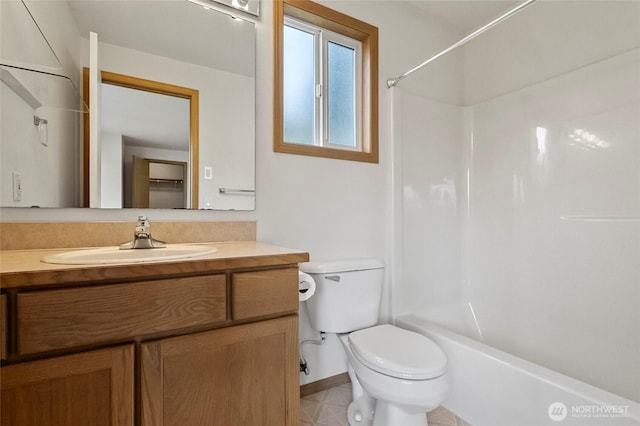 full bathroom with toilet, shower / washtub combination, and vanity