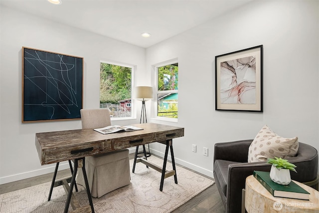 office area with recessed lighting and baseboards