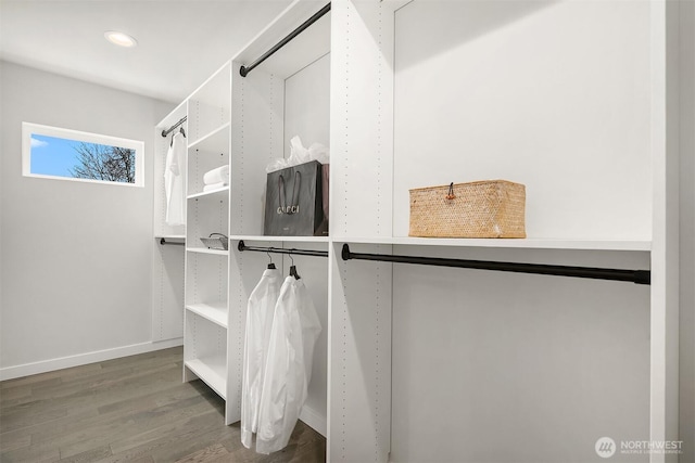 walk in closet with wood finished floors