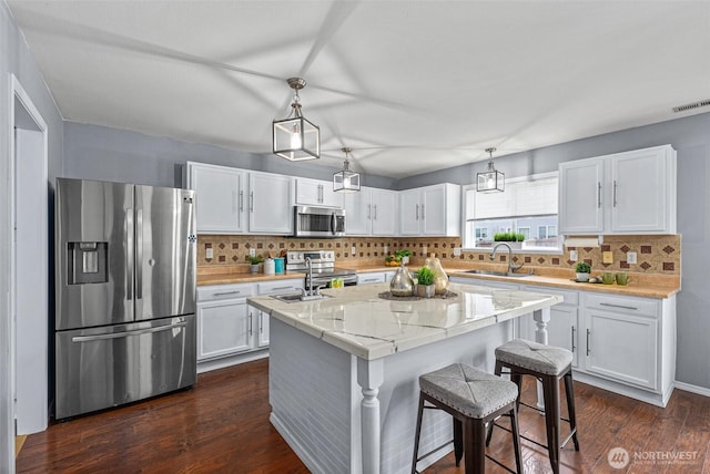 kitchen featuring a sink, visible vents, white cabinetry, and stainless steel appliances